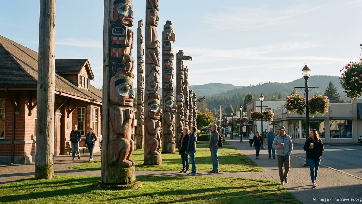 Totem poles and pedestrians in late afternoon light in downtown Duncan BC