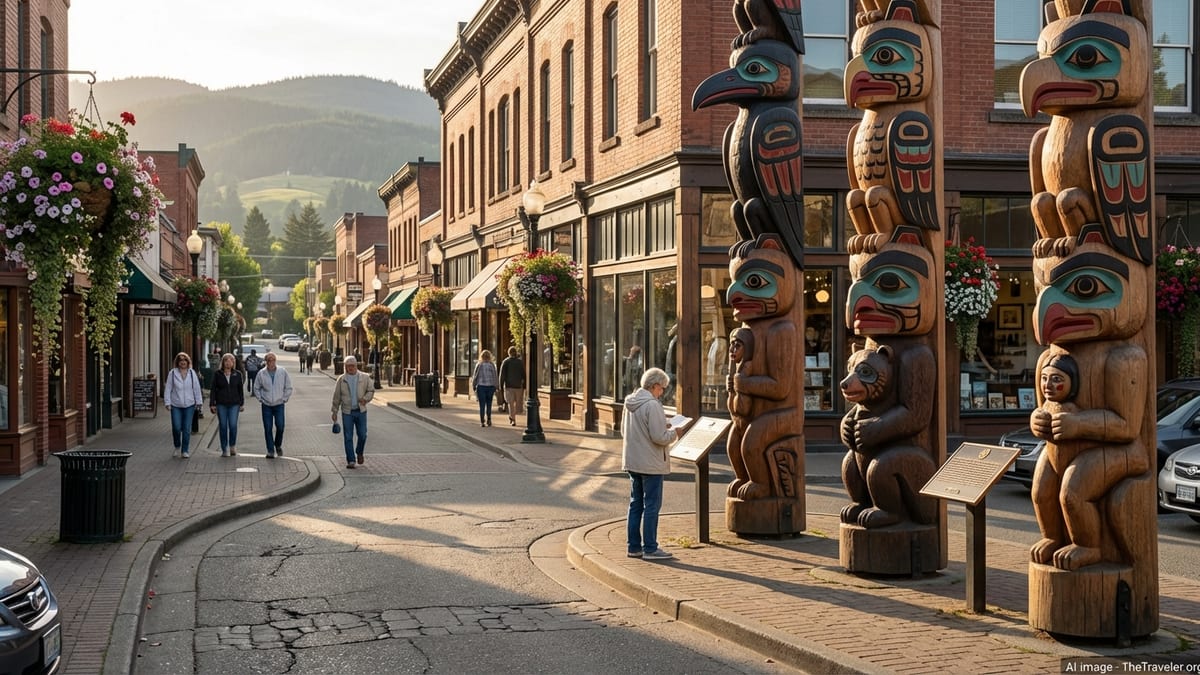 Downtown Duncan BC street with totem poles, historic shops, and people walking on a sunny afternoon.