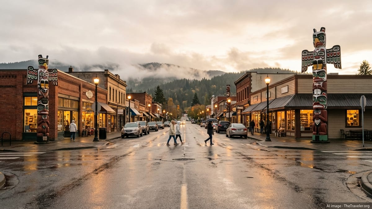 Early evening street scene in downtown Duncan BC with totem poles and wet pavement.