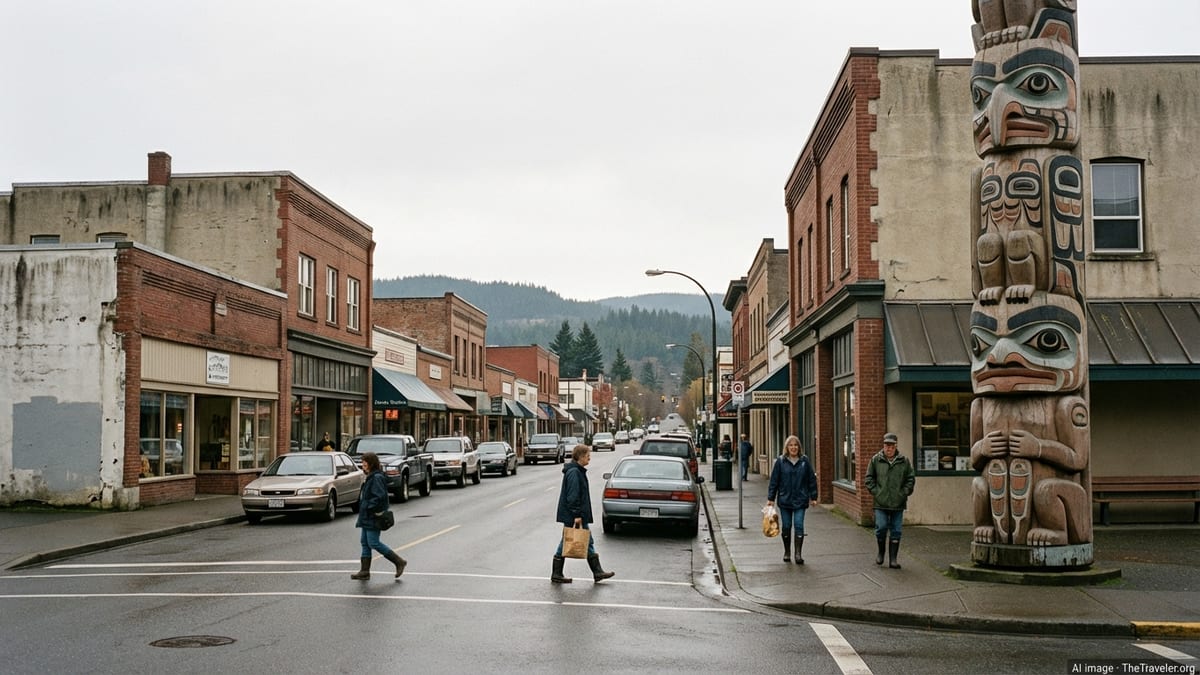 Downtown street in Duncan BC with a totem pole and low-rise buildings on an overcast day.
