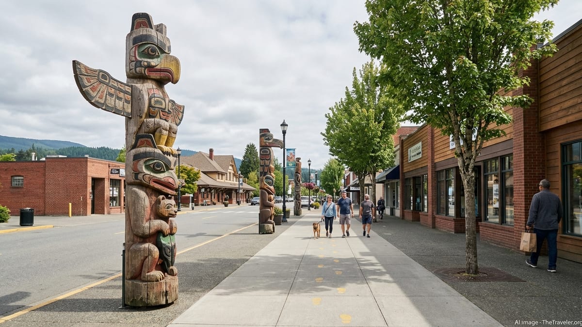 Downtown Duncan BC street scene with carved cedar totem pole along a self guided walking route.