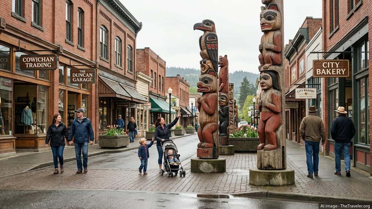 Downtown Duncan BC street with totem poles, small shops, and people walking on a mild day.