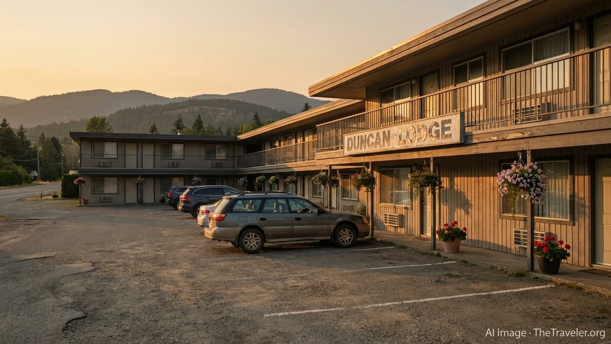 Roadside motel near Duncan BC at sunset with forested hills in the distance.