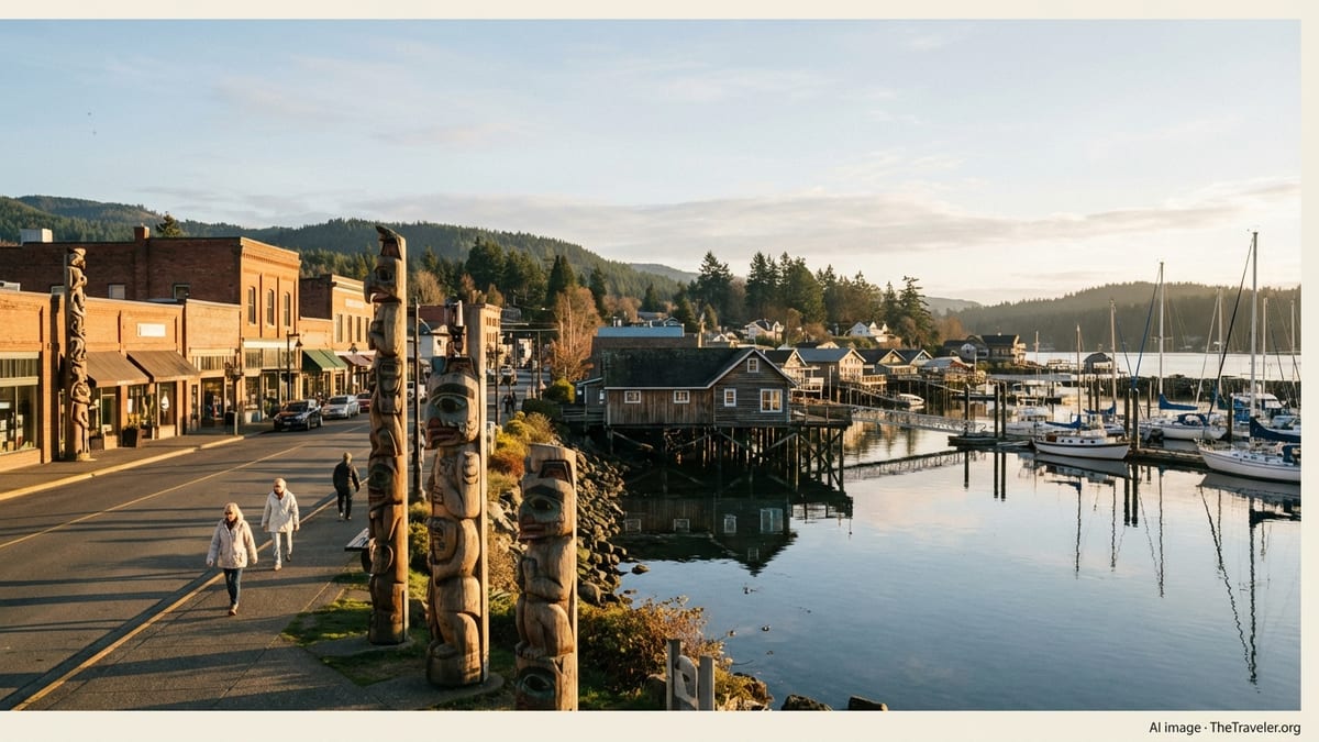 Downtown Duncan totem poles merging into a Cowichan Valley waterfront village at golden hour.