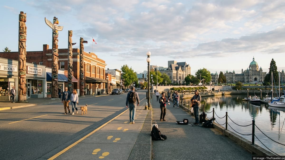 Totem-lined street in Duncan blending into Victoria’s Inner Harbour at golden hour on Vancouver Island.