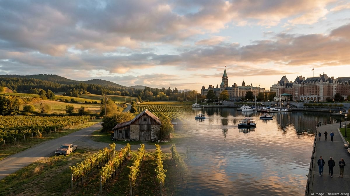 Victoria Inner Harbour and Cowichan Valley near Duncan contrasted in one early evening landscape.
