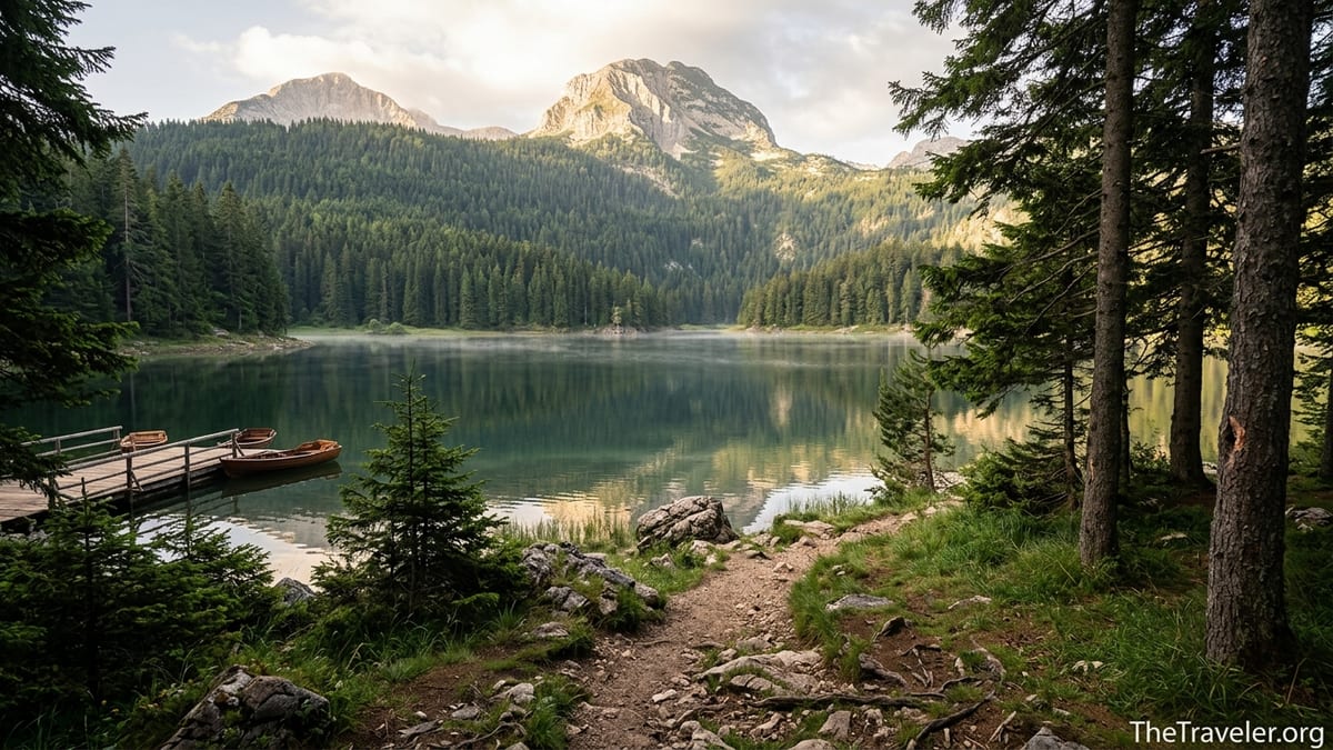 Black Lake in Durmitor National Park with pine forests and limestone peaks reflected in calm morning water.