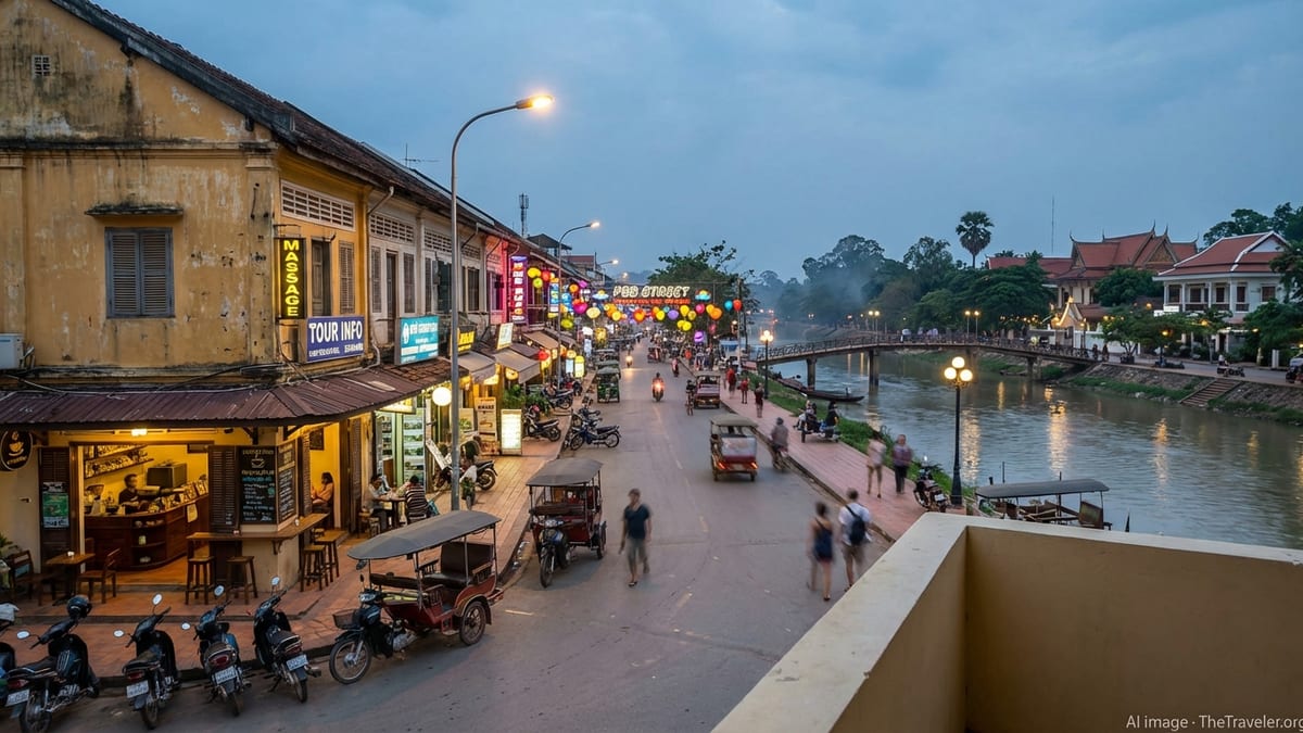 Dusk descends on a lively street in Siem Reap, Cambodia, featuring local shops and eateries.