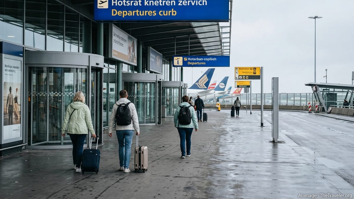 Travelers with suitcases outside Amsterdam Schiphol departures area on an overcast morning.