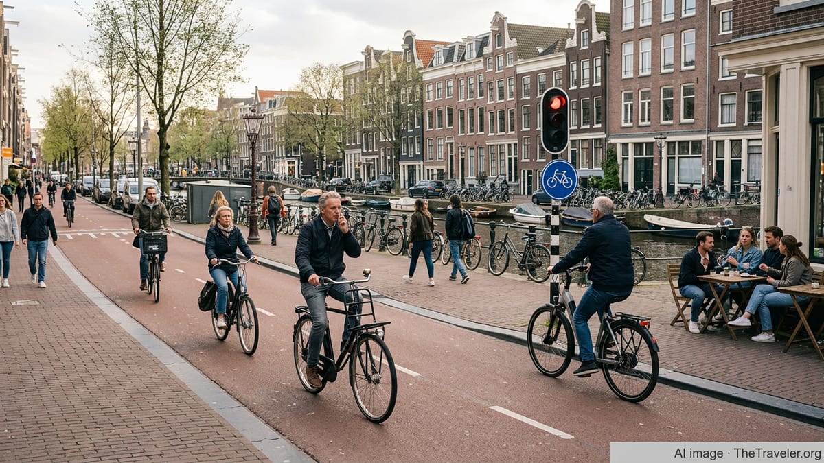 Cyclists on a busy Amsterdam canal-side bike lane passing pedestrians and canal houses.
