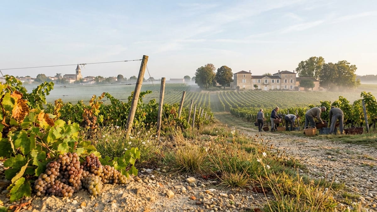 Early autumn morning view of Château Guiraud, Sauternes, France from a vineyard. 