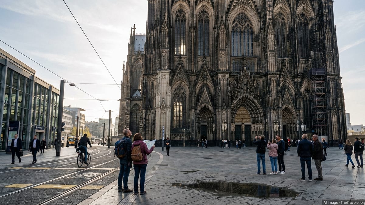 Early autumn morning view of Cologne Cathedral and bustling square.