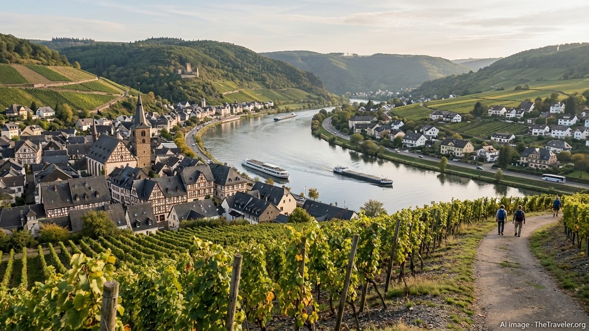 Early autumn view from a vineyard overlooking the Mosel River and Bernkastel Kues. 