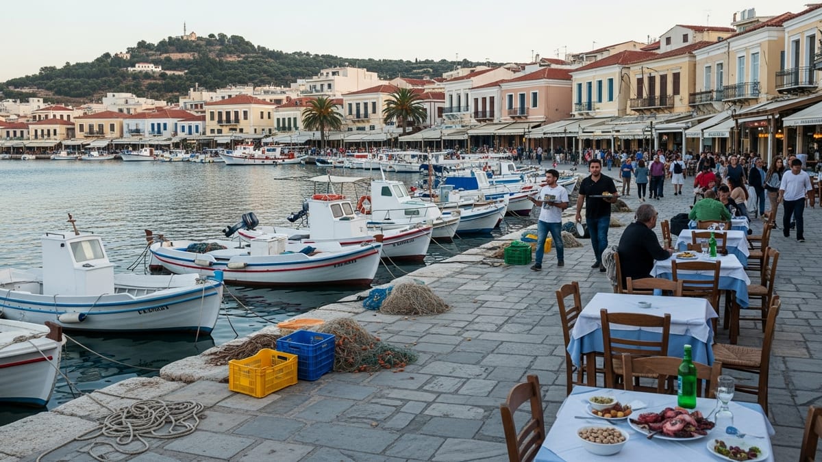 Early evening view of Aegina Town’s waterfront and harbor in Greece.