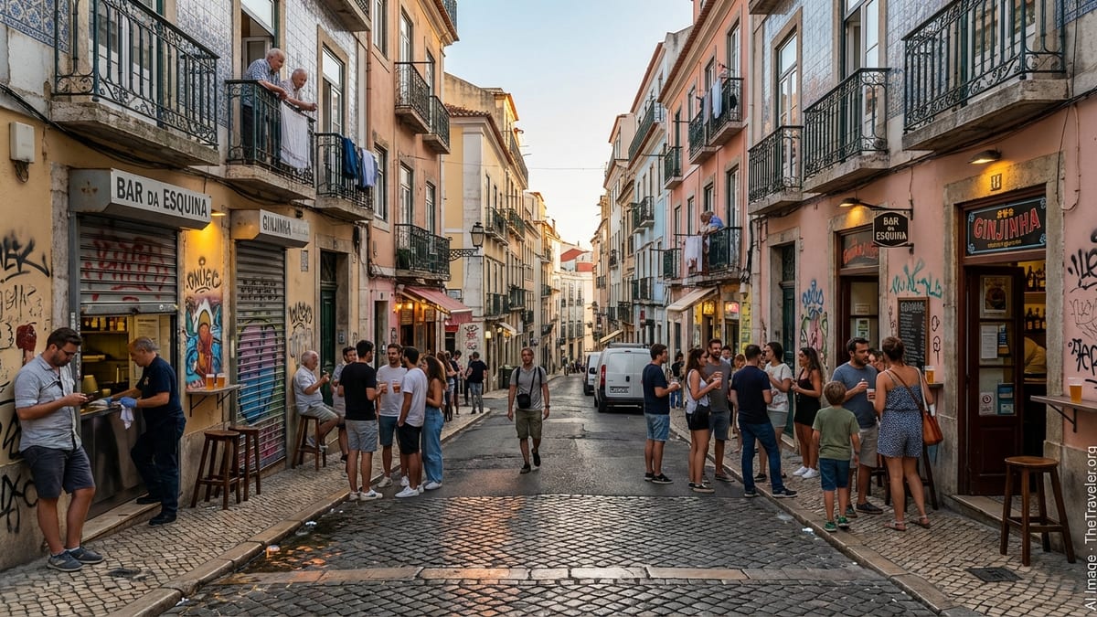 Early-evening street scene in Lisbon's Bairro Alto with locals and tourists.