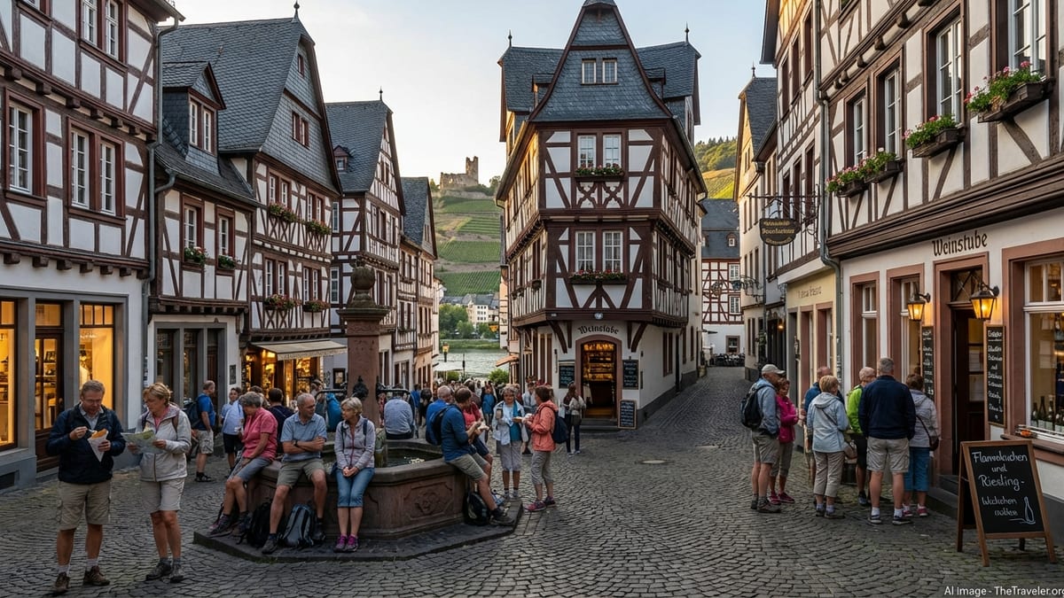 Early evening view of Bernkastel's historic market square in late summer.