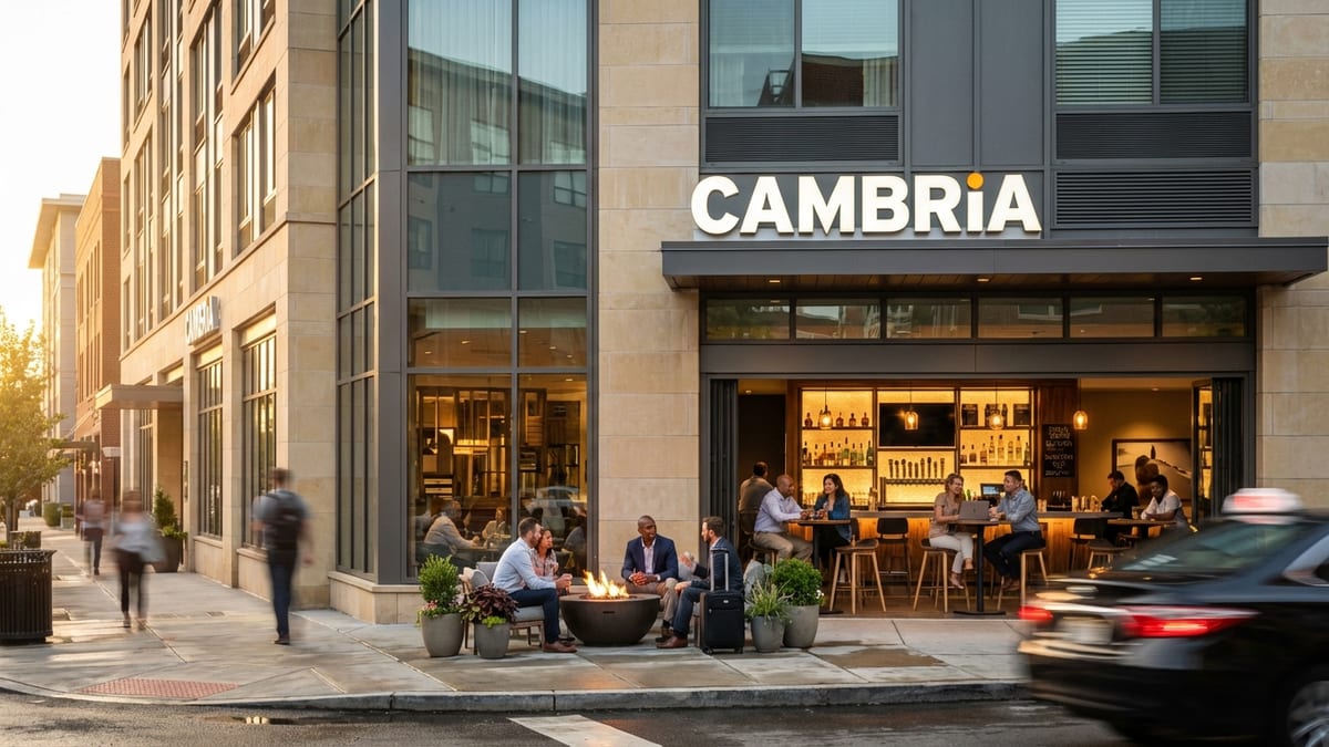 Early evening at a contemporary Cambria Hotel in a lively U.S. city neighborhood.