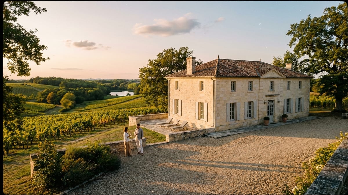 Early evening view of Château Prieuré Marquet and surrounding vineyards in Bordeaux.