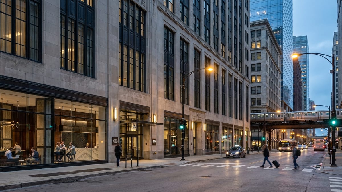 Early evening view of Hyatt Centric The Loop Chicago in downtown Chicago.