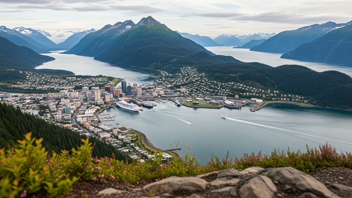 Early evening view of Juneau, Alaska from an elevated position on Mount Roberts. 