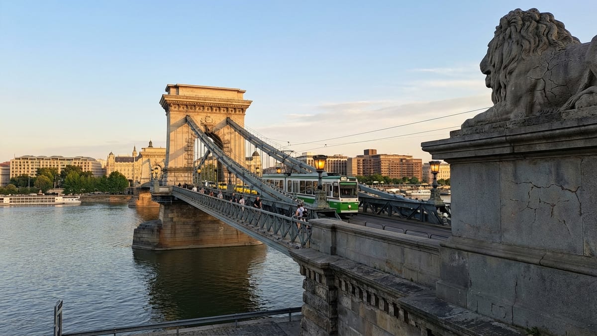Early-evening view of Széchenyi Chain Bridge, Budapest, with pedestrians, tram and historical landmarks.
