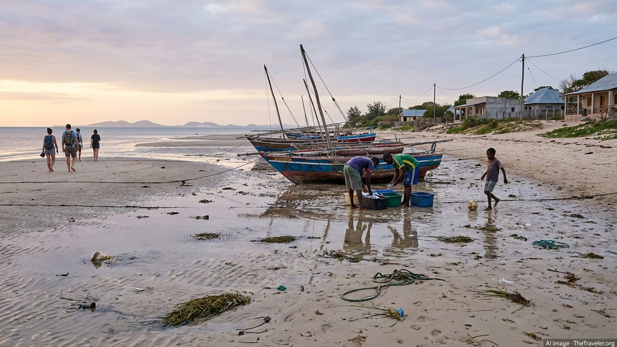 Early evening low tide at a beach in Vilankulo, Mozambique, featuring locals, travelers, and boats.