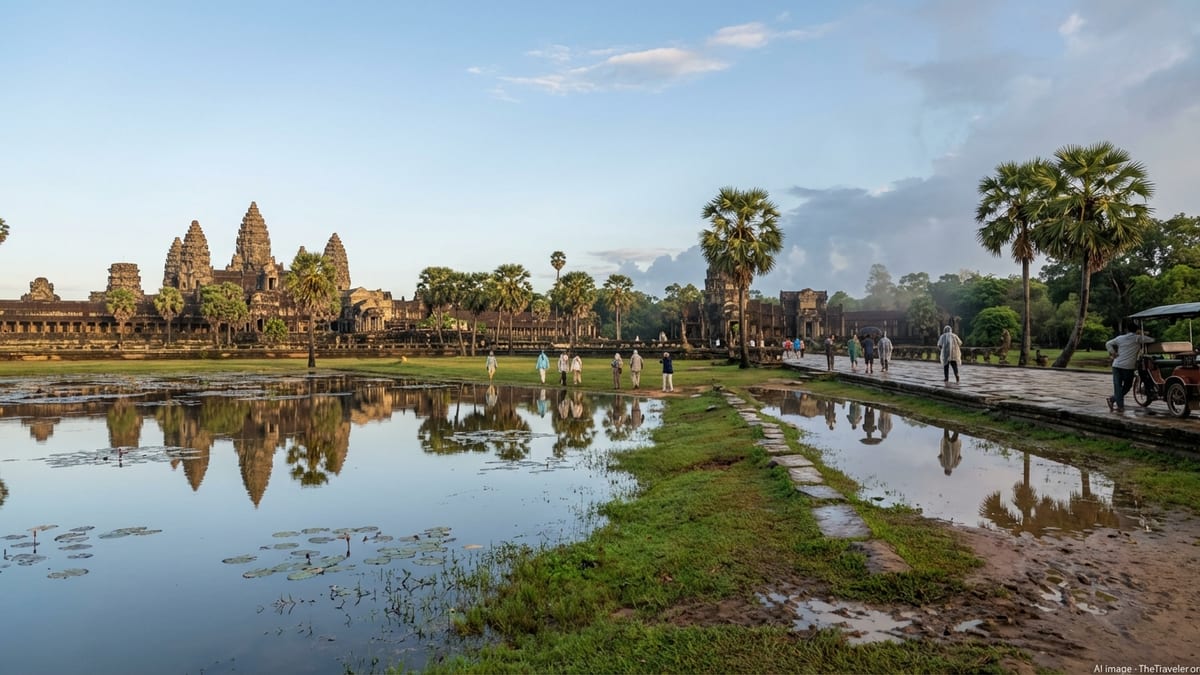 Early morning at Angkor Wat, Cambodia showcasing contrasting weather conditions.