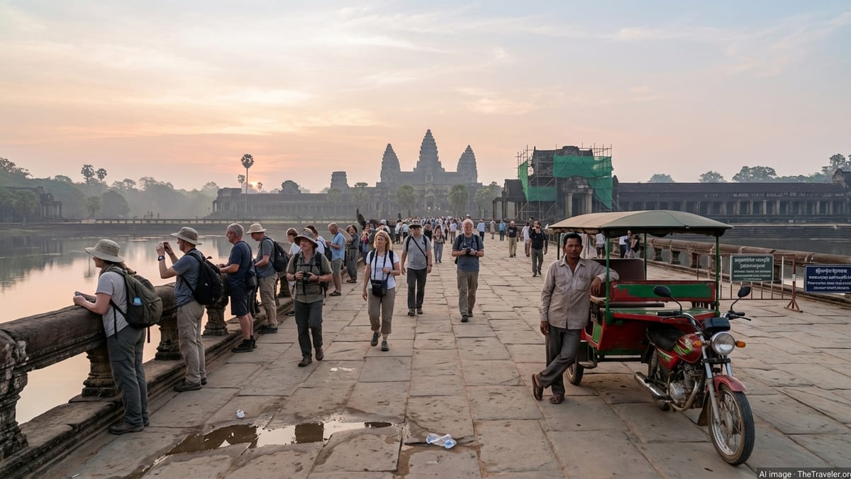 Early morning at Angkor Wat, tourists and a local tuk-tuk driver amidst temple scenery.
