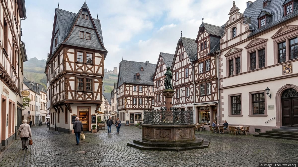 Early morning view of Bernkastel's Marktplatz, showcasing medieval architecture and local life. 