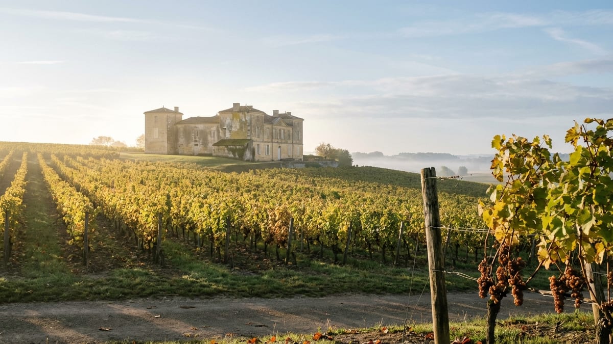 Early morning view of Château d’Yquem and its vineyards in Sauternes, France.