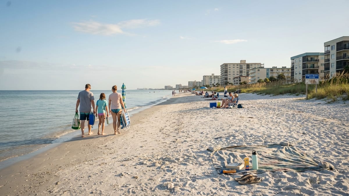 Early morning family beach scene on budget-friendly Florida Gulf Coast. 