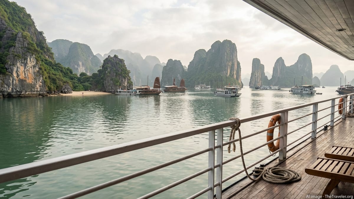 Early morning view of Ha Long Bay from a cruise deck.