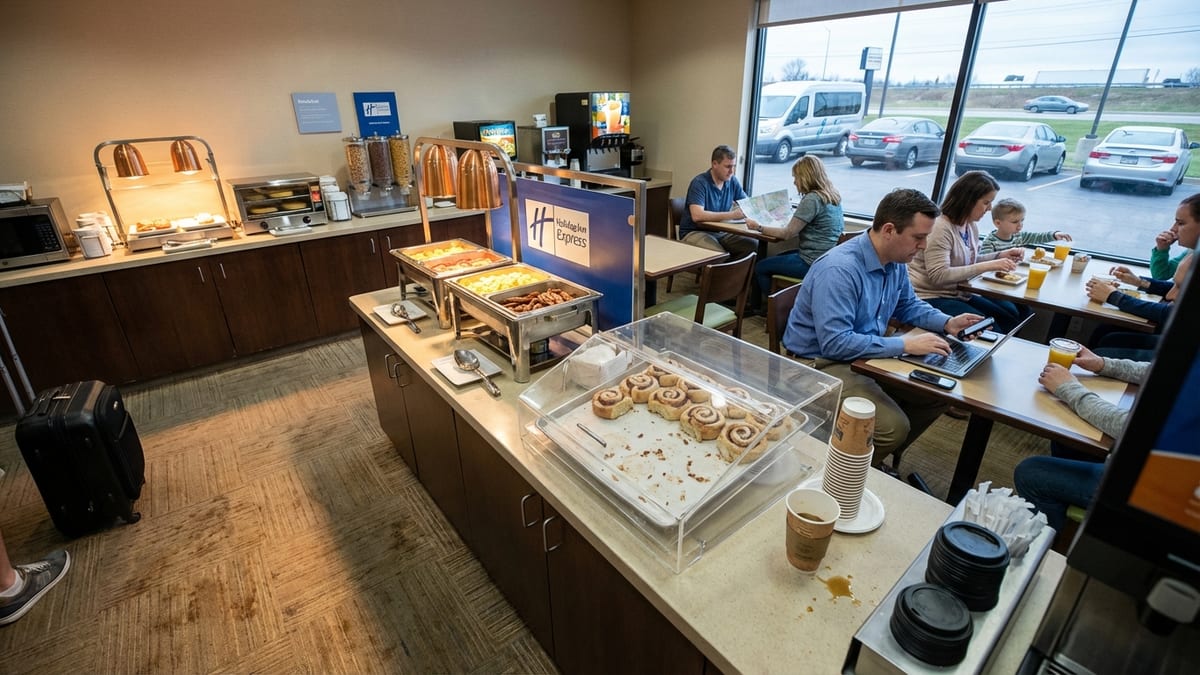 Early morning scene in a Holiday Inn Express breakfast area with guests. 