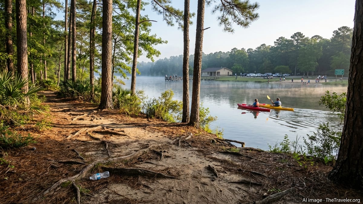 Early morning at Huntsville State Park, Texas, featuring a lakeside trail, kayakers on Lake Raven, and a busy park area.