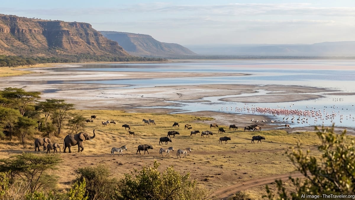 Early morning view of wildlife at Lake Manyara National Park, Tanzania.