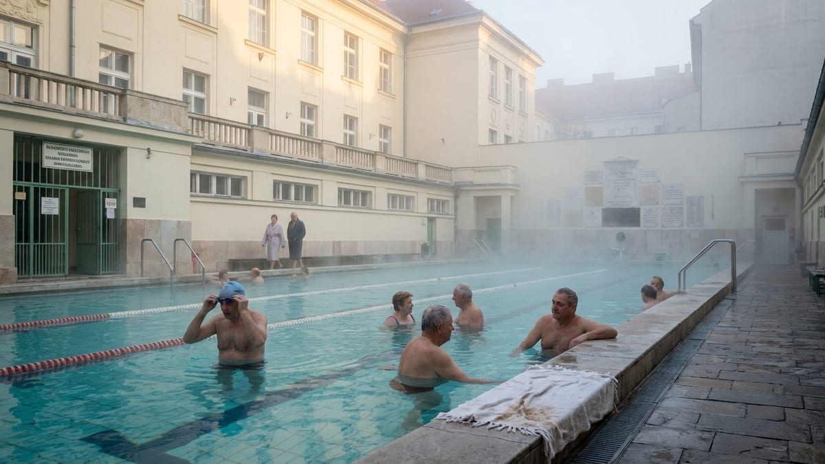 Early morning at Lukács Bath's outdoor pool, locals enjoying the medicinal waters. 