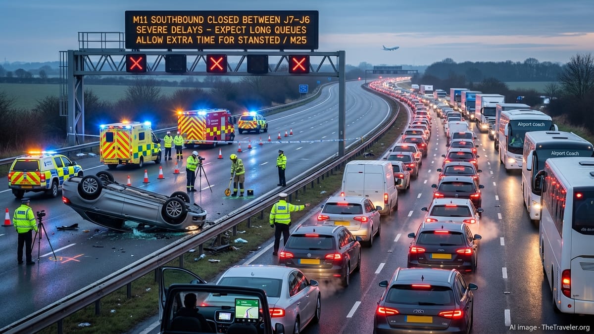 Overturned Car Shuts M11 Near Stansted, Causing Hours of Severe Rush-Hour Delays