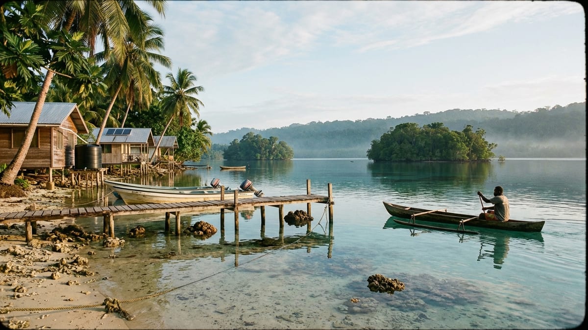 Early morning scene in Marovo Lagoon, Solomon Islands with man paddling canoe.