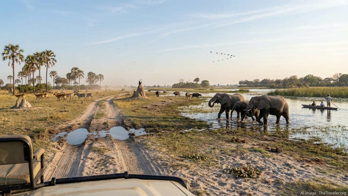 Early morning safari view in Moremi Game Reserve, Botswana from a 4x4 vehicle.