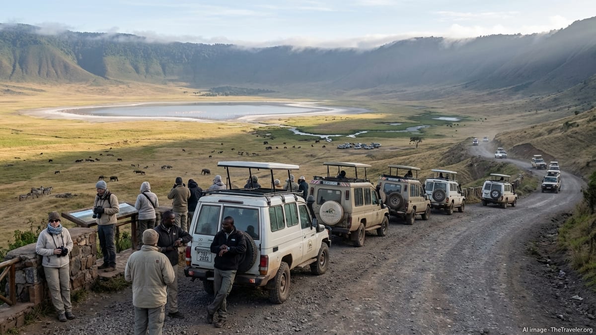 Early morning view of safari vehicles and tourists in Tanzania's Ngorongoro Crater.