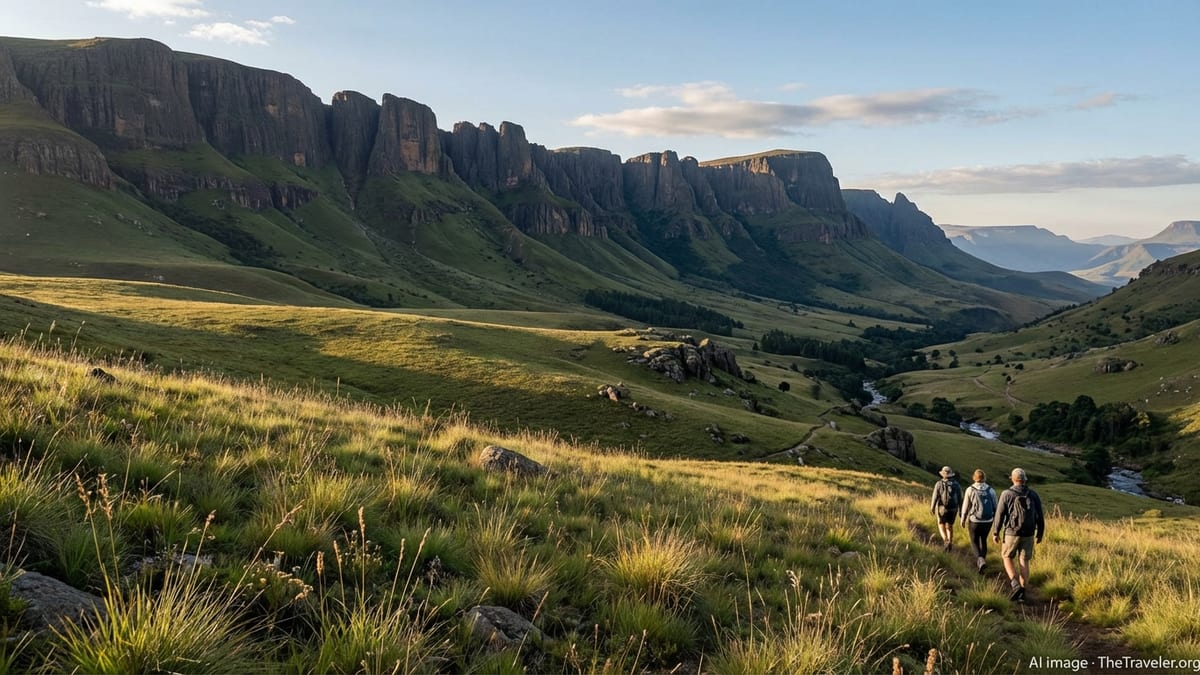 Early morning view of northern Drakensberg, South Africa with hikers in foreground.
