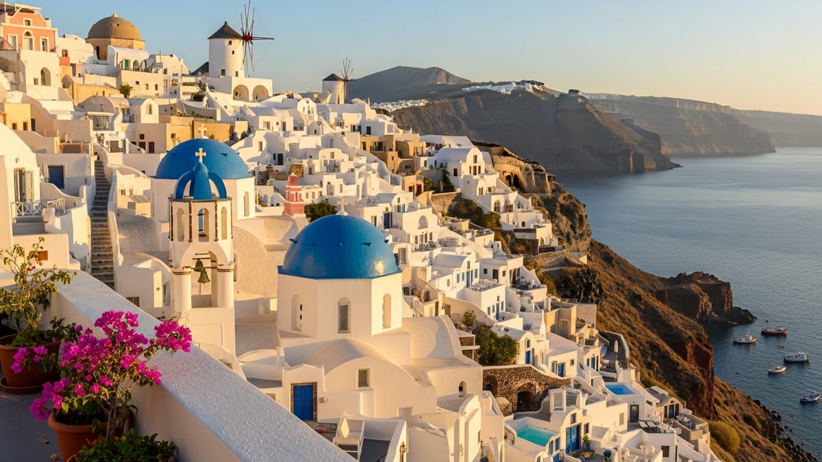 Early morning view of the scenic village Oia, Santorini, from an elevated path. 
