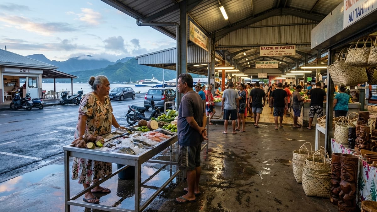 Early morning at a bustling street market in Papeete, Tahiti.