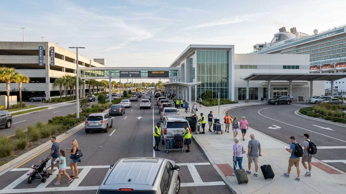 Early morning scene of activity at a modern cruise terminal in Port Canaveral, Florida.