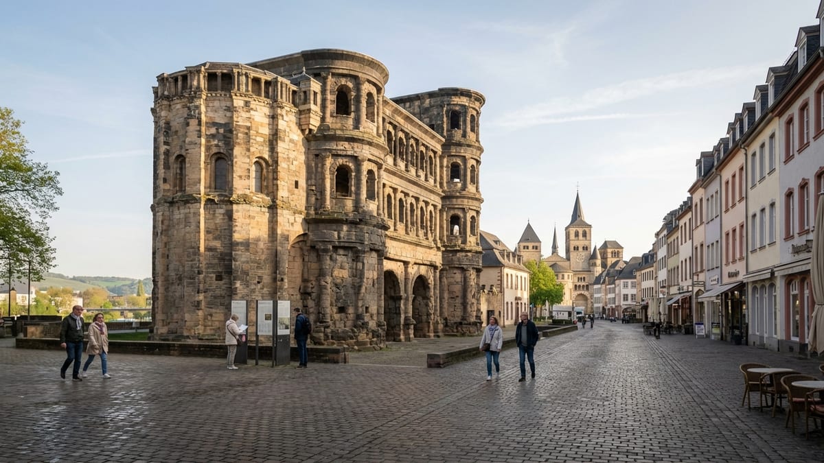 Early morning view of Trier's Roman heritage, featuring the Porta Nigra and surrounding town. 