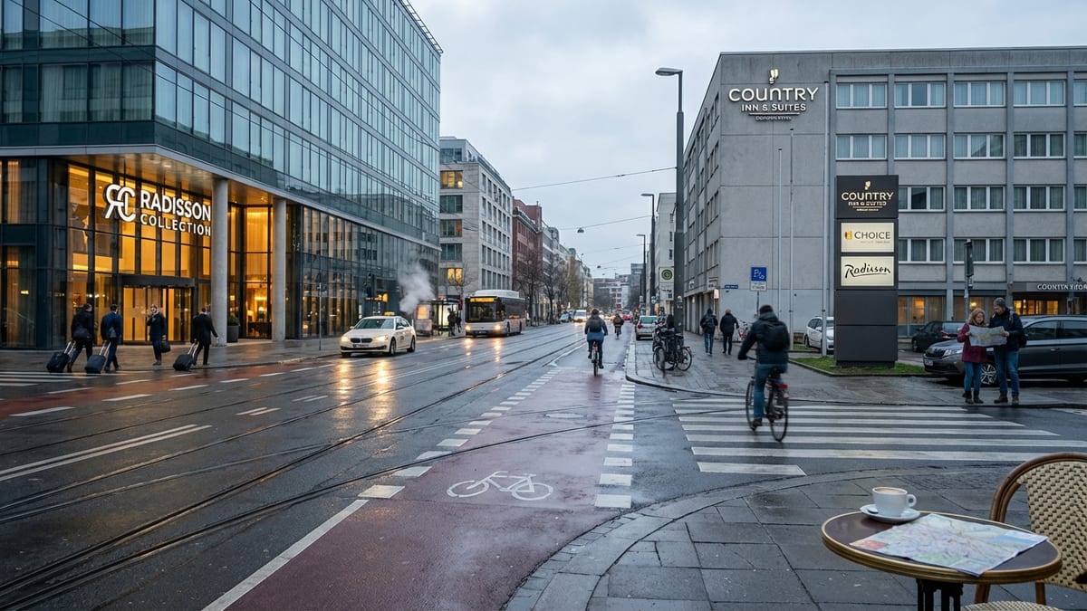 Early morning view of two contrasting Radisson hotel buildings in a busy European city.