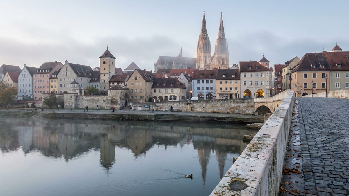 Early morning view of Regensburg's old town from Stone Bridge over Danube. 