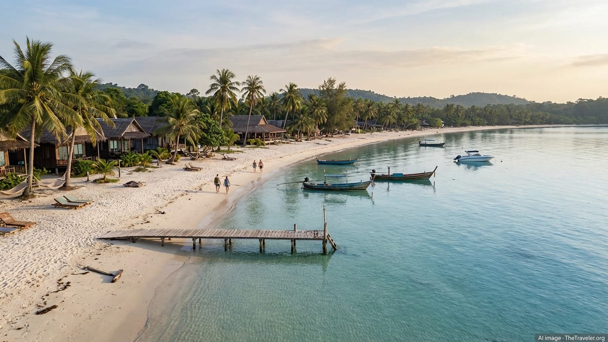 Early morning view of Saracen Bay, Koh Rong Sanloem with calm turquoise sea, beachfront bungalows, and anchored boats.