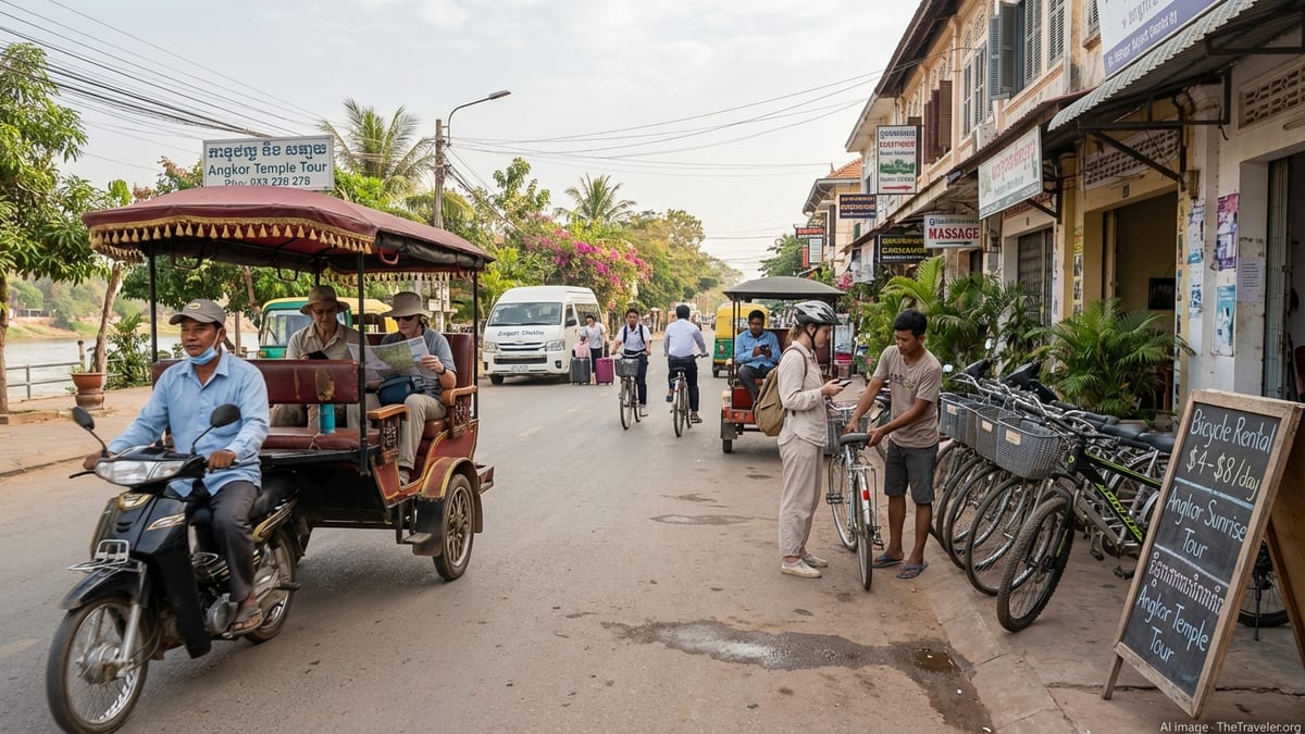 Early morning street scene in Siem Reap, Cambodia with locals, travelers, and various modes of transportation.