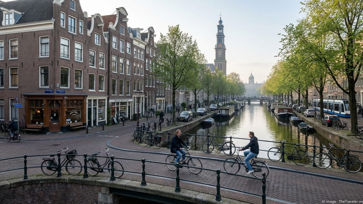 Early summer sunrise over Amsterdam's central canal belt and historic center.